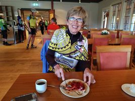 Becky enjoying our waffle treat