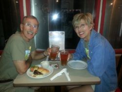 Enjoying an IPA and buffalo burger at the Firehouse Brewpub